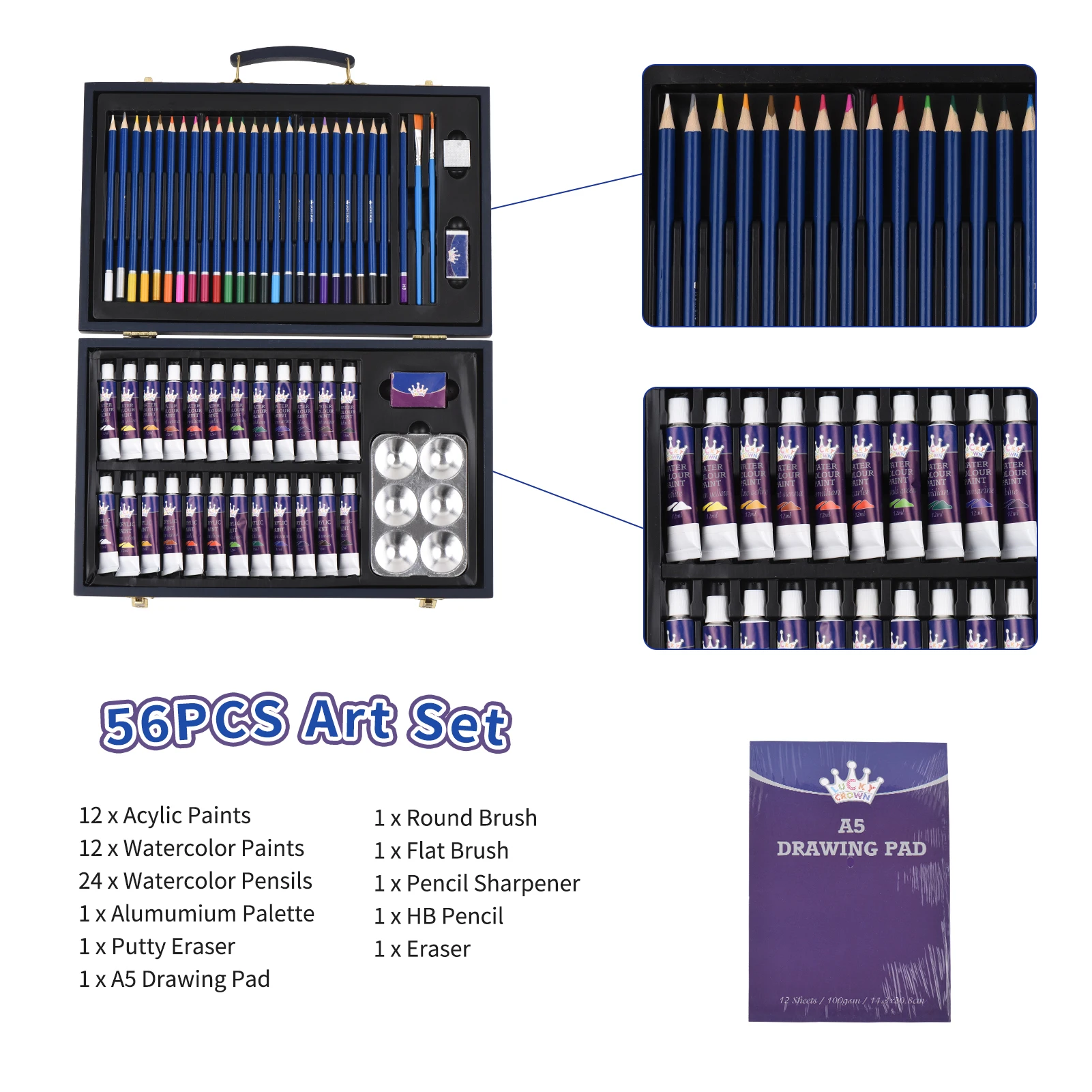 

Professional Art Painting Supplies Acylic Water color Paintset 56pcs ColoredPencil Drawing Sketchbook Stationery Sharpener Brush