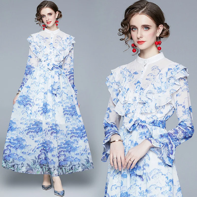 

2021spring and Autumn Long Sleeve Holiday Small Fragrance Long Skirt Chiffon Print High Waist Slim Party Birthday Bohemian Dress