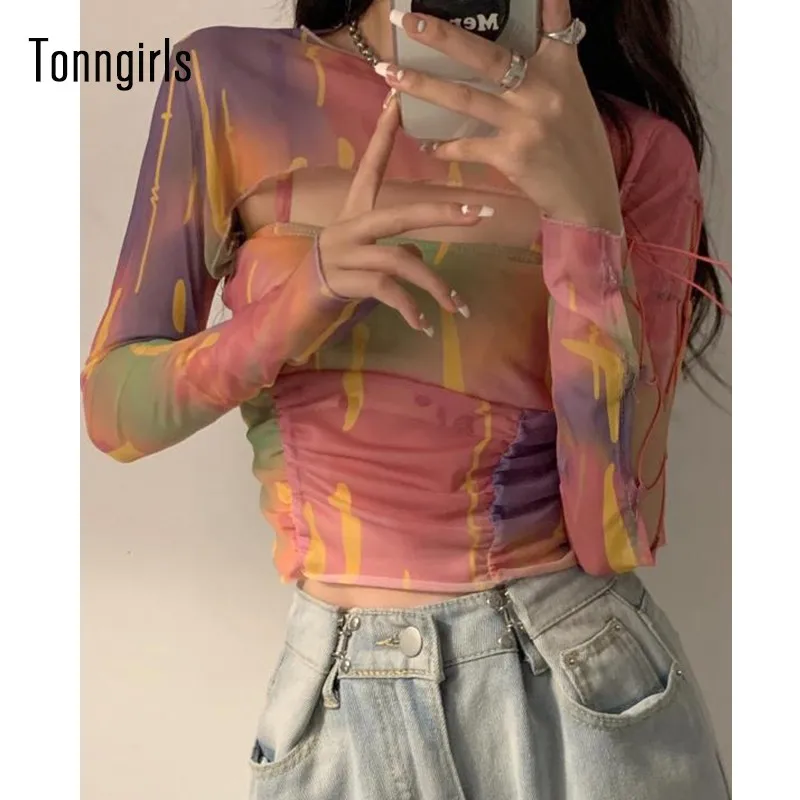 

Пикантный Радужный костюм Tonngirls из двух предметов, футболки, тонкие сетчатые топы, бандажный кроп-топ на шнуровке, Милая футболка Egirl Y2k с выр...