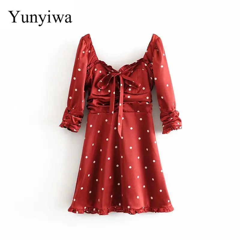 Новинка 2020 женское темно-красное платье в горошек с бантом женские сексуальные