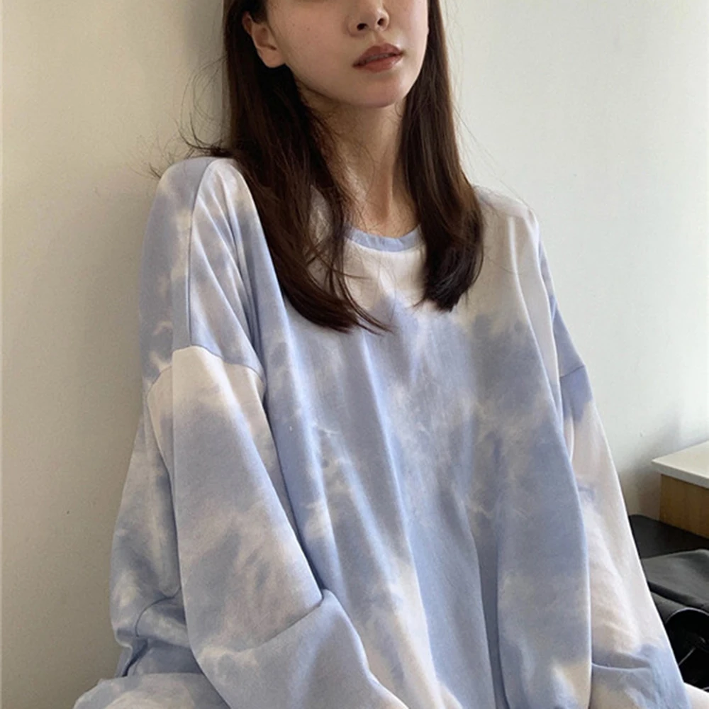 

Tie-Dyed Harajuku Long-Sleeved T-Shirt Women's New Spring Thin Style Korean Loose Round Neck Lazy Sunscreen Top