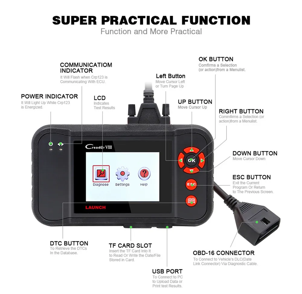 

Диагностический инструмент LAUNCH X431 Creader VIII OBD2, считыватель кодов OBDII EOBD, считыватель кодов EPB Oil SAS reset PK crp129 crp123