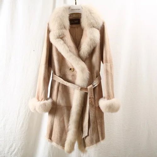 beige-rabbit fur Меховой воротник с лисьим мехом, природный натуральный мех, пальто, женская шерстяная куртка, осенне-зимнее пальто, женская одежда,, винтажные двойные топы, ZT4211 - Цвет: beige-rabbit fur