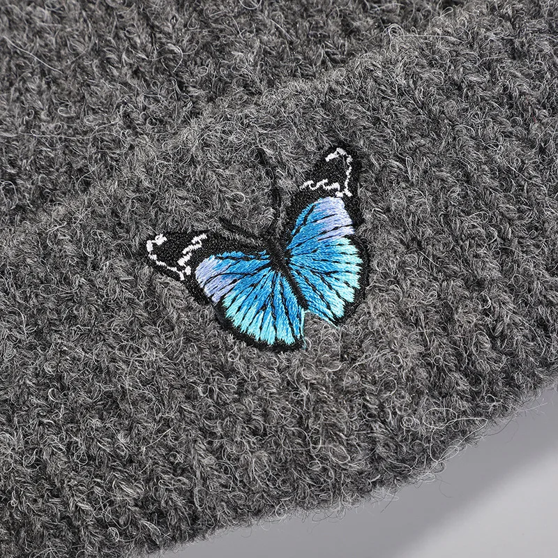 

Geebro New Autumn Winter Bonnet Cap Women Wild Blue Butterfly Melon Leather Hat Warm Windproof Adult Knitted Wool Beanie