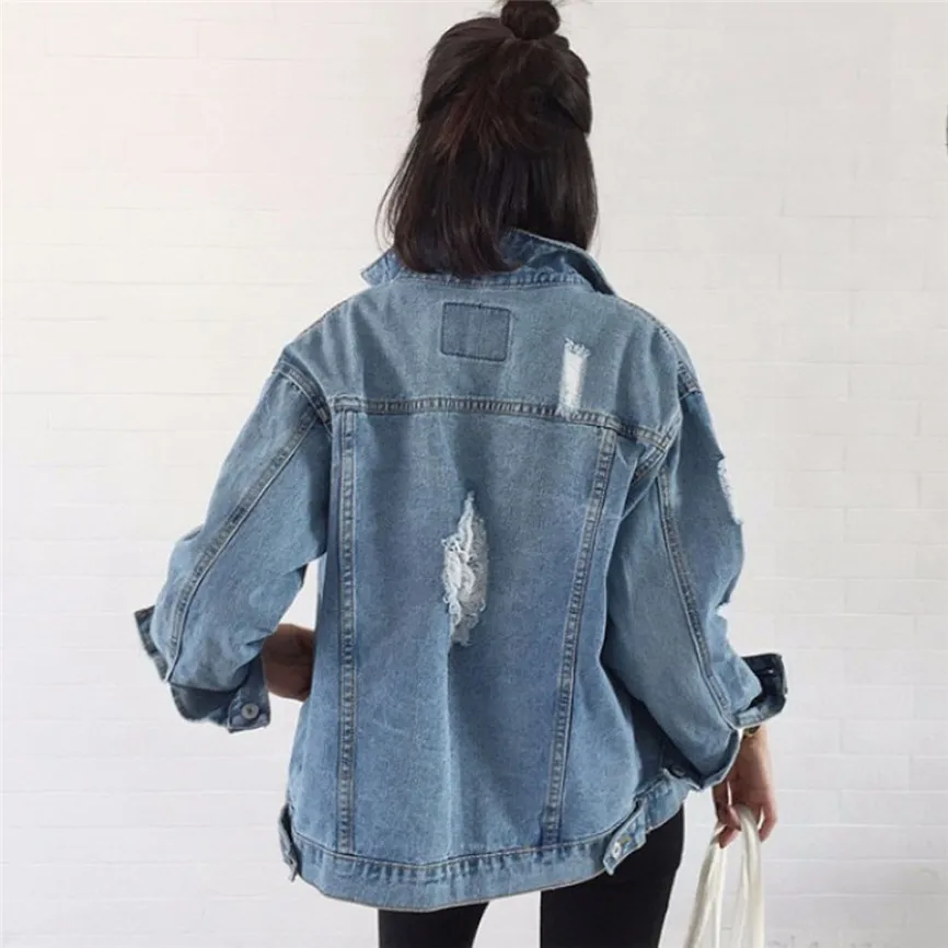 Женская свободная джинсовая куртка в стиле ретро байкерская панк с рваными