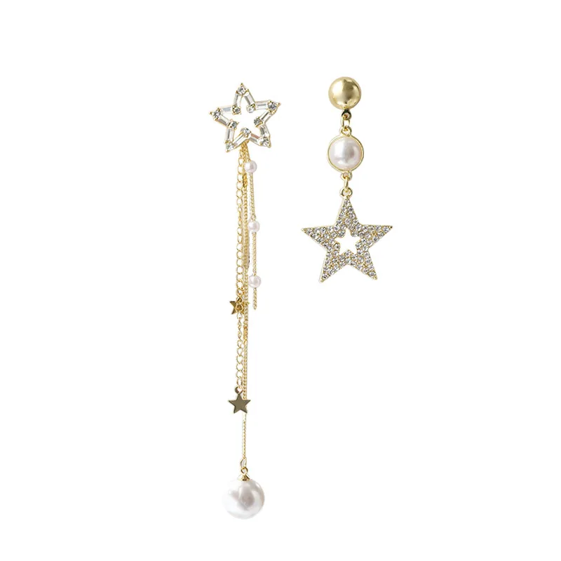

CA-178 S925 silver needle Korean five-pointed star asymmetric explosion style net red pearl zircon star long earrings