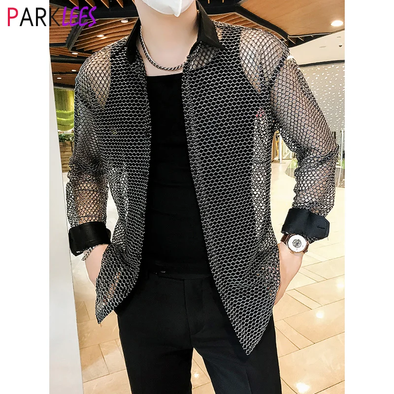 

Black Sexy Fishnet Shirt for Men 2022 Brand New Slim Fit Long Sleeve Transparent Shirts Mens Event Party Prom Top Blouse Chemise