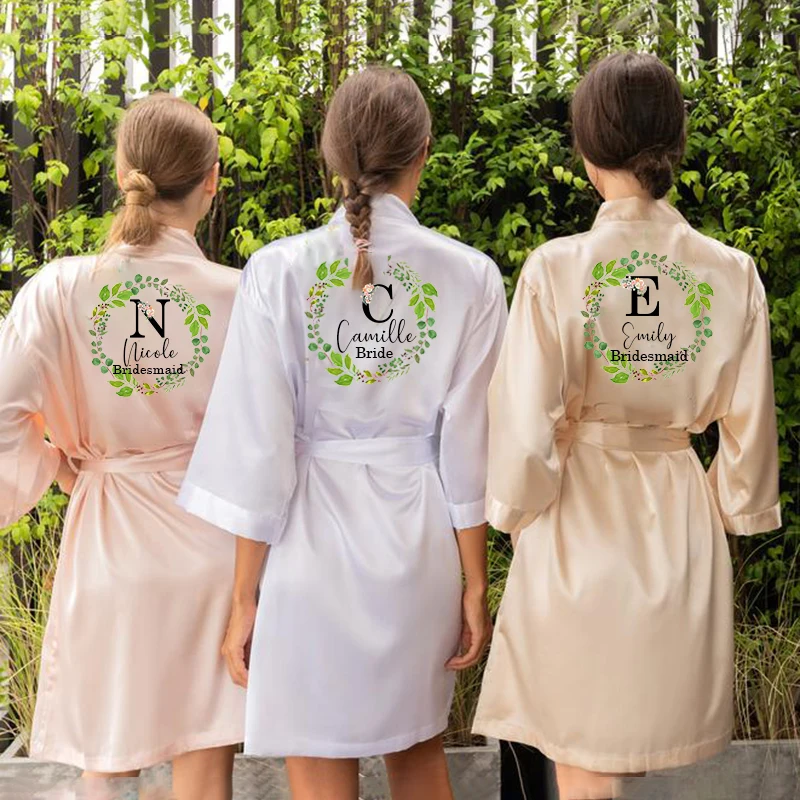 

Female Kimono Robe Print Nightgown Sleepwear Satin Pajamas Bride Bridesmaid Wedding Robe Dressing Gown