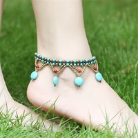 bohemian turquoise anklets women round cake beach ankle bracelet female hand woven shoes accessories fashion bells jewelry 2021