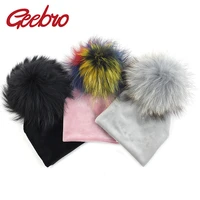 geebro winter thick warm velvet beanies hats for nebworn baby boys girls soft toddler infant with 15cm raccoon fur pompon hat