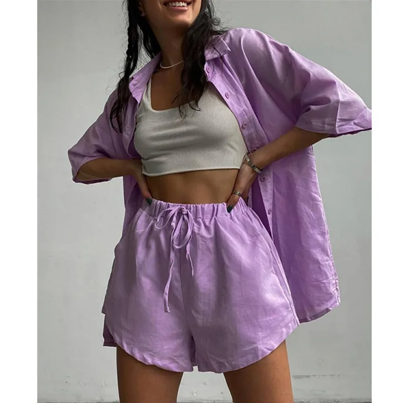 

Bikoles Summer New Loose Turn Down Collar Half Sleeve Solid Women's Set Tops Buttons Empire Shorts Drawsthing Lady Two Piece Set