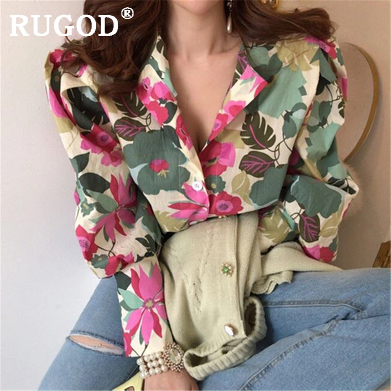 RUGOD корейский шик Цветочный Принт женские рубашки элегантные отложной воротник