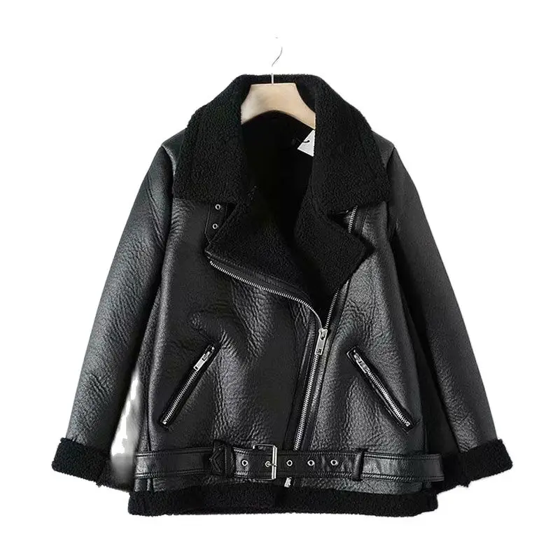 

Fur Long Sleeved Loose Belt Warm Women's Jacket Lamb Wool 2021 Winter Thickened Locomotive Lapel Female Coat Beige Black