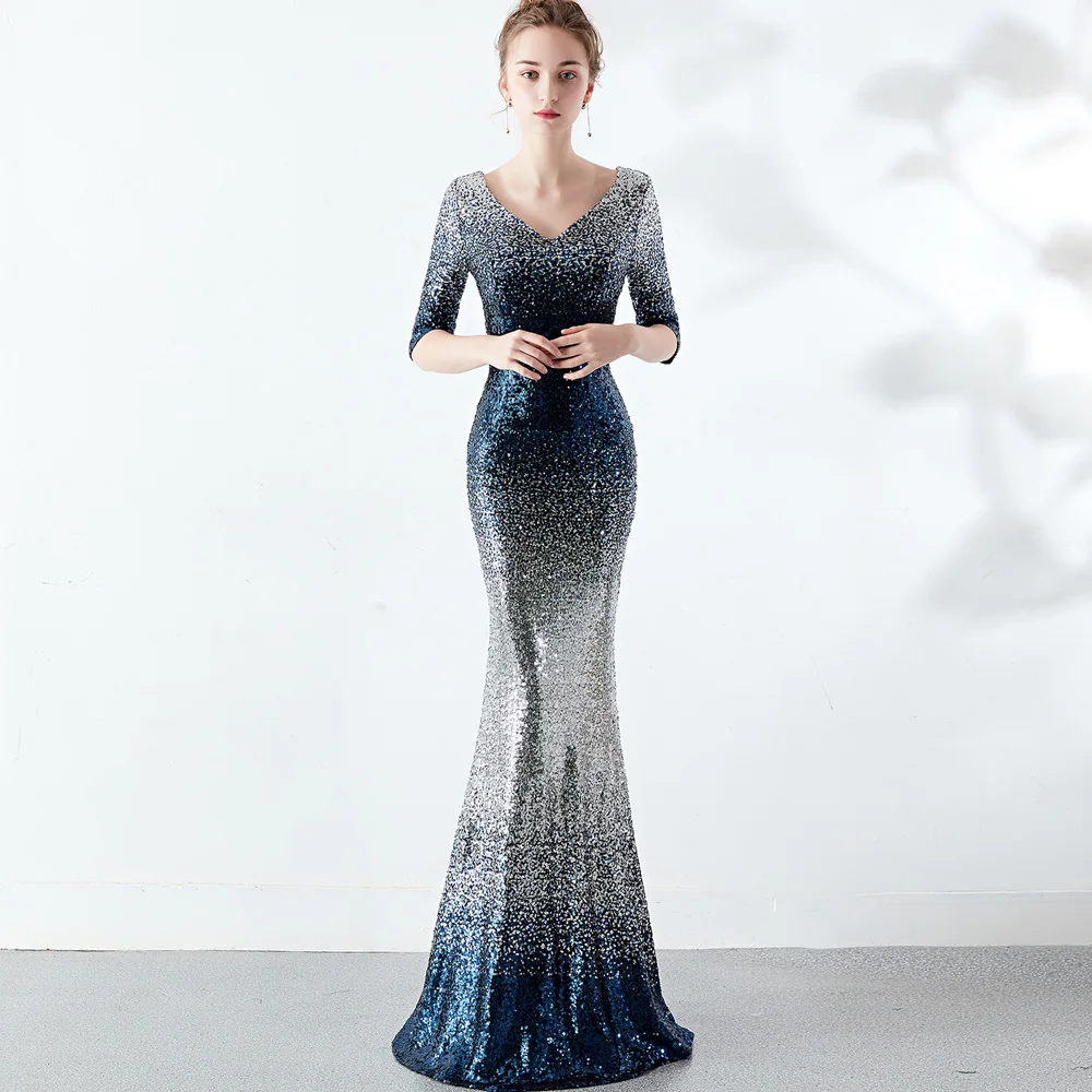 Блестящее Золотое женское элегантное вечернее платье с рукавом средней длины