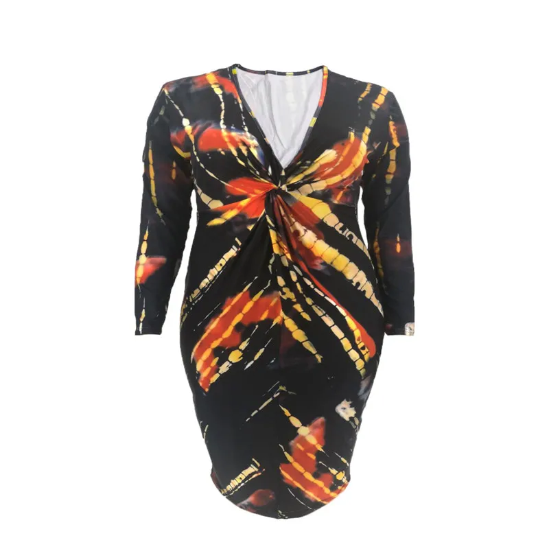 

Colorful Tie Dye Print Sexy Bandage Dress Women Deep V Neck Long Sleeve Party Dresses Autumn Winter Front Cross Plus Size Dress