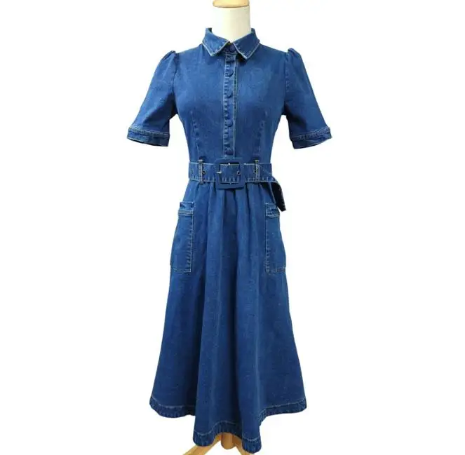 Платье женское джинсовое с поясом повседневное облегающее однотонное