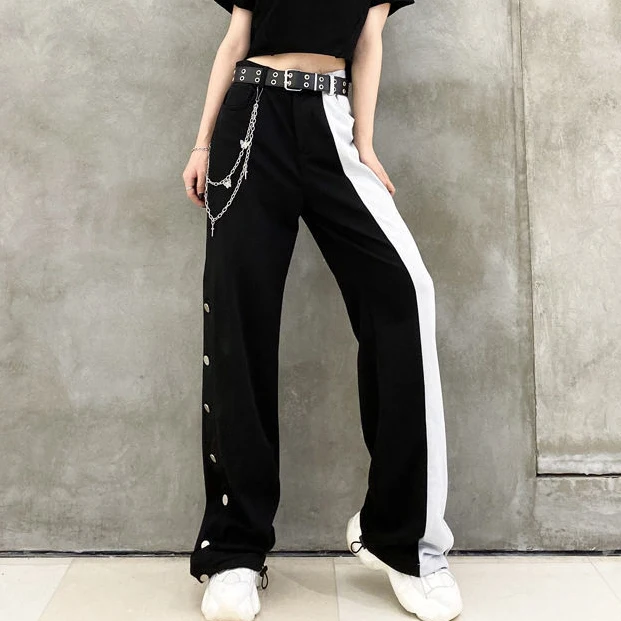 Wide-leg pants women's 2021 spring and autumn new drape mopping pants black and gray stitching loose casual pants