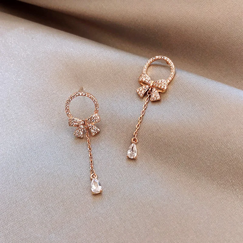 

Vintage Female Crystal Bow Drop Earrings Luxury Rose Gold Color Dangle Earrings For Women Elegant White Zircon Wedding Earrings