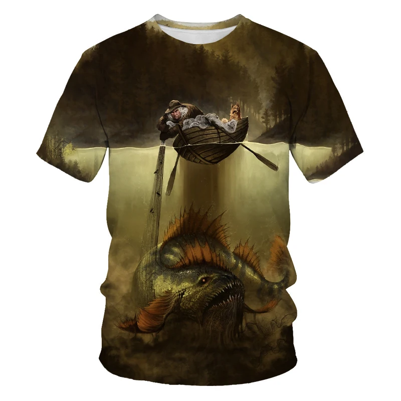 

Photography style fishing streetwear 3D printing O-neck short-sleeved T-shirt for men and women personality oversized T-shirt