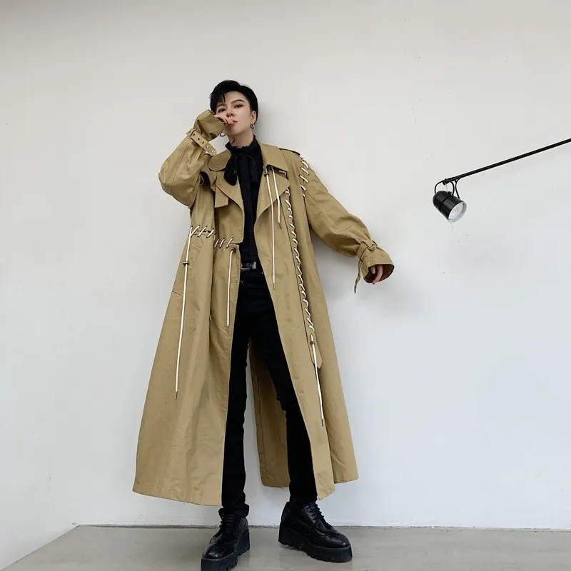 Тренчкот мужской на завязках длинный Свободный плащ в стиле пэчворк с длинным