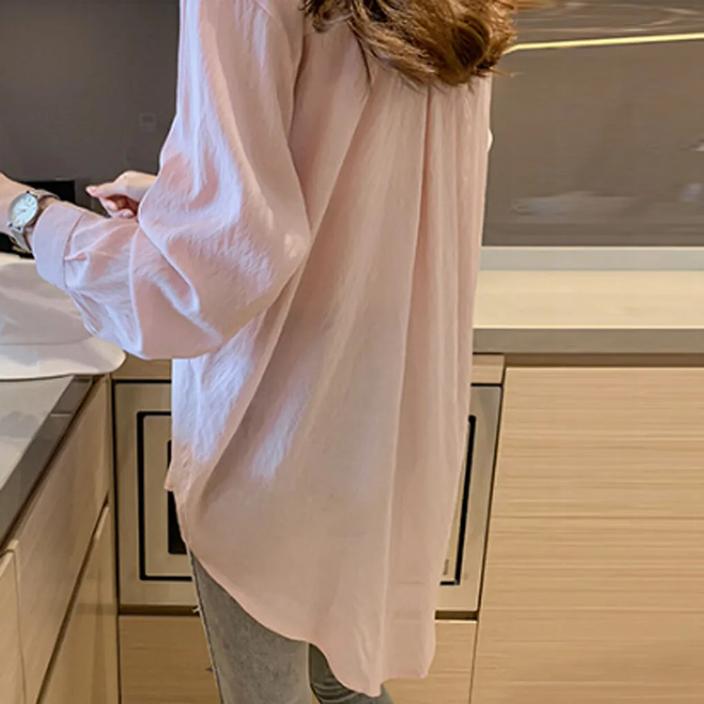 2019 Spring One Pocket Women pink Shirt Female Blouse Tops Long Sleeve Casual Turn-down Collar OL Style Loose Blouses#g5 | Женская