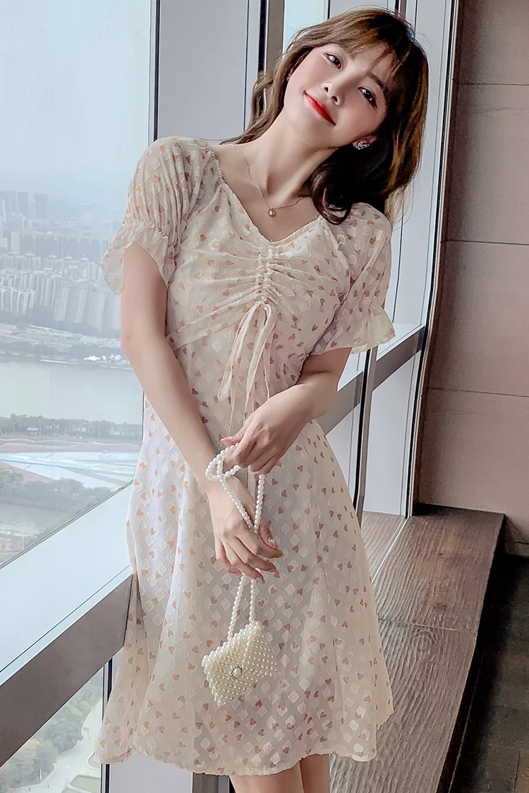 

COIGARSAM French Style Women dress Summer Dresses Shallow Apricot 5182