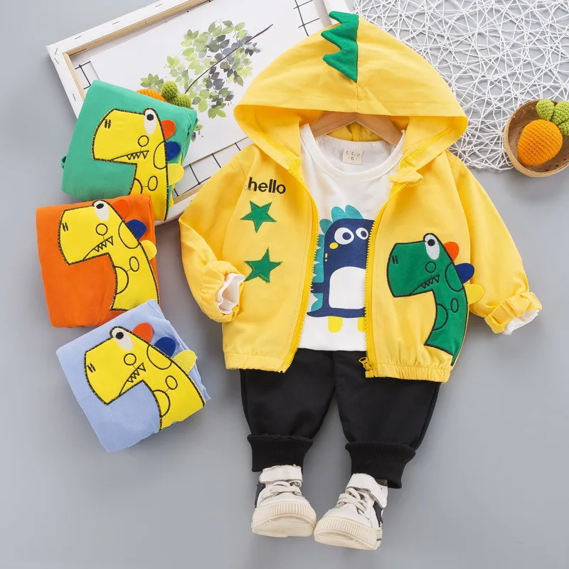 

Kids Dinosaur Clothing Set Autumn Cotton Hooded Coat+Shirt +Pants 3 Pcs Suit For BoyToddler