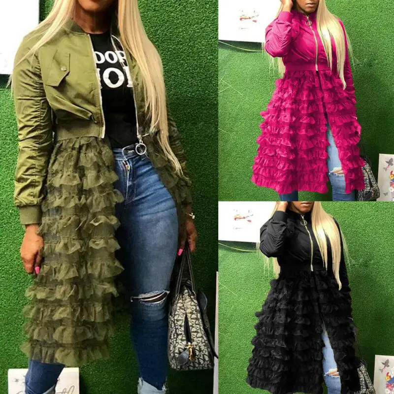 Женский Тренч на молнии с длинным рукавом модная сетчатая юбка оборками подоле