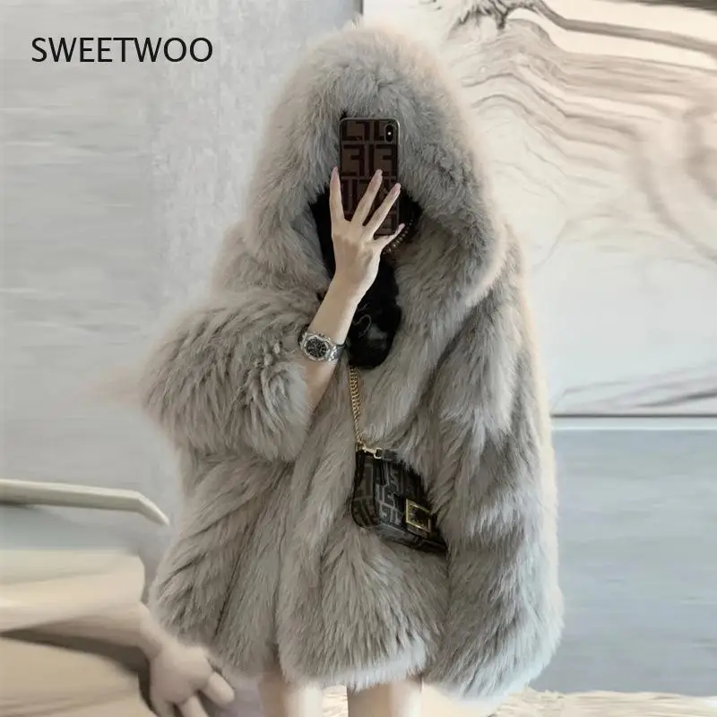 Autumn and Winter Imitation Fox Fur Coat Women's Winter Loose Mid Length Hooded New One-Piece Plush Thickened Jacket Casual Warm