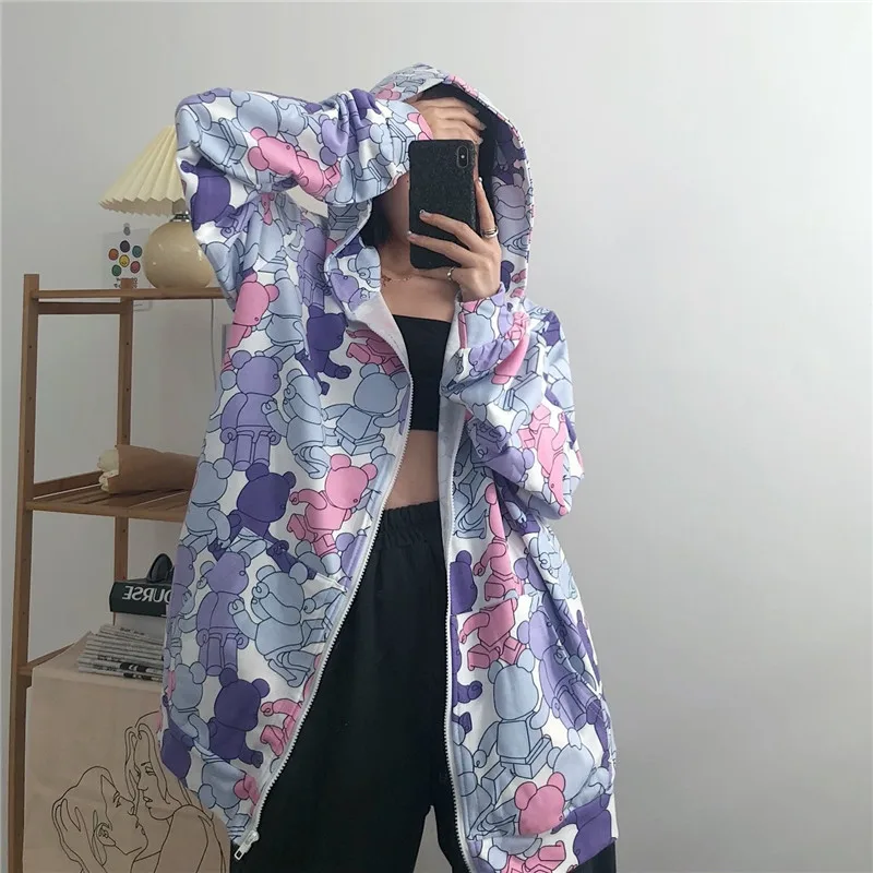 

2021 Thin Hoodies Cool Kpop Women Men Harajuku Sweatshirts Bears Printed Hoodie Pocket Casual Pullovers Tops Kawaii Hoodies