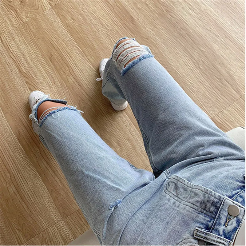 

Nice women's jeans casual wide-leg washed water ripped mid-waist jeans women