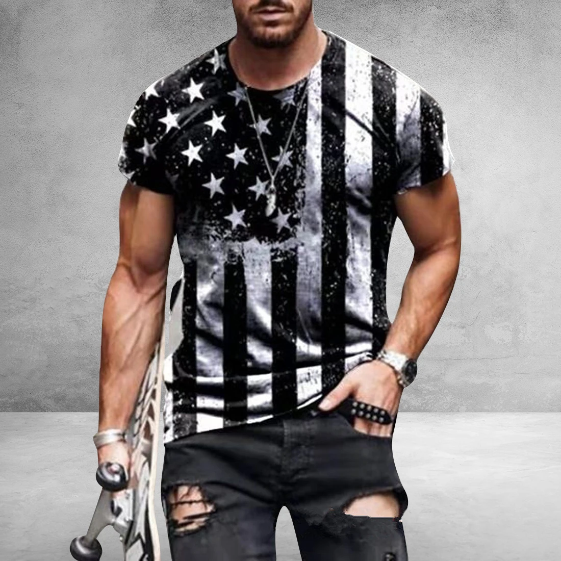 

2021 Men's T-shirt American Flag Print T-shirt Summer Round Neck Cool Oversize Muscle Streetwear Clothing Tshirt Men