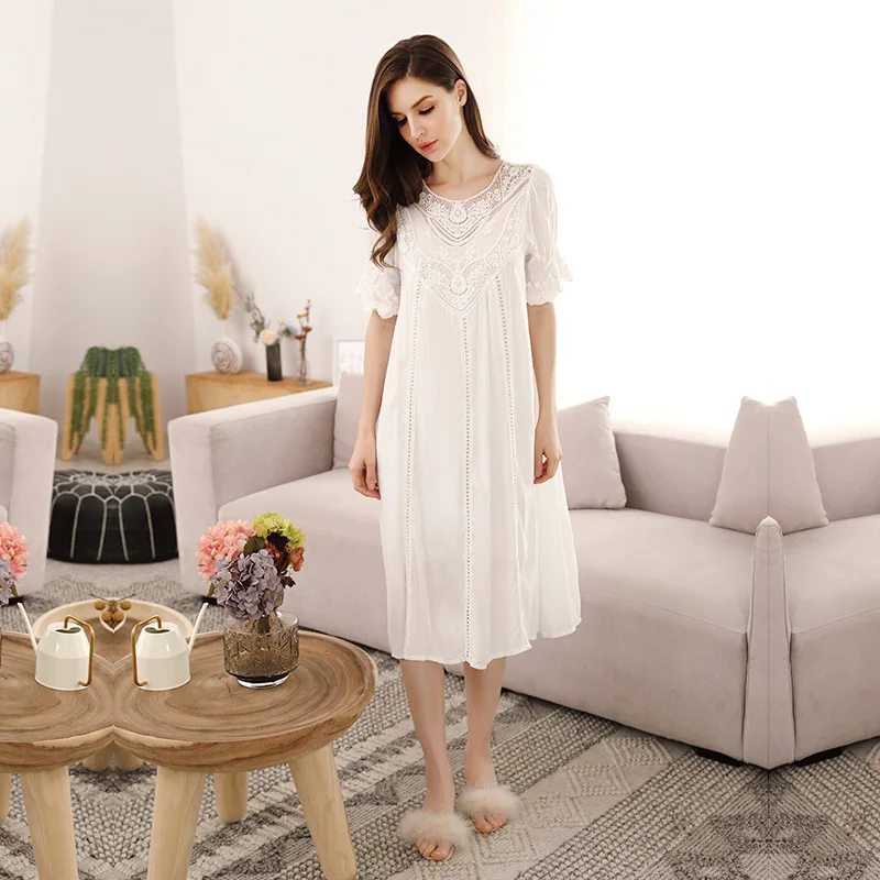 Spring Summer Cotton Women's Nightdress Sexy Lace Nightgown  V-neck Nightdwear Lady Court Style Retro Large Size Home Clothes