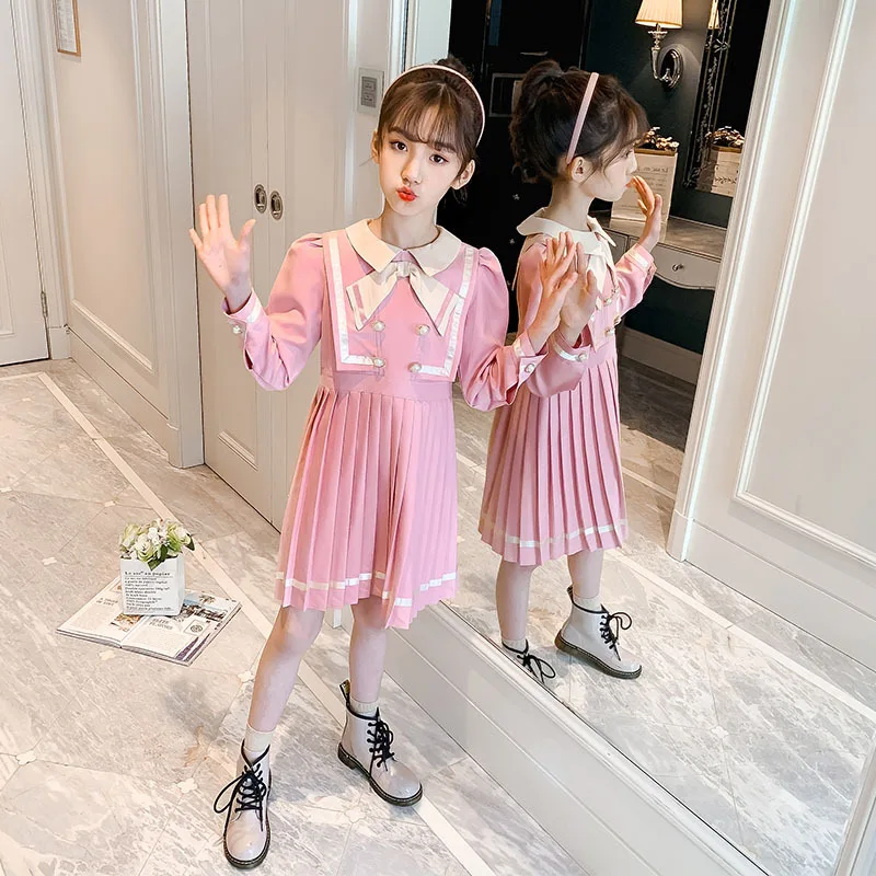

2021 New Spring Big Girls Dress Clothing Pink Blue Teens Resses For Girl Turn Down Collar Kids Dress With Bow Autumn Costume