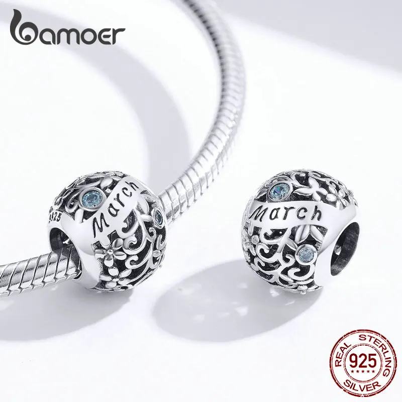 Bamoer 925 пробы Серебряный месяц день рождения Камень круглые бусины подходят для женщин браслет DIY ювелирных изделий SCC1385