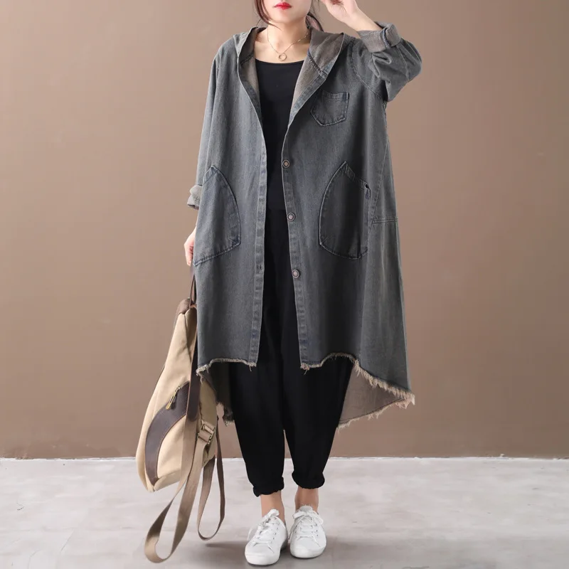 Женский Тренч Осень Зима Большой размер Свободная джинсовая куртка 2019 Новый