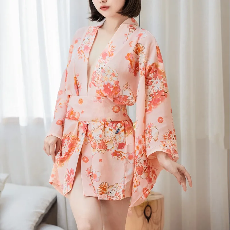 Sexy Floral Robe Sleepwear Lounge Women 2021 Loose Chiffon Soft Cardigan with Belt Nightwear Female Sleepshirts Lingerie Robe