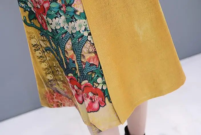 Женское свободное платье с цветочным принтом повседневное винтажное желтого