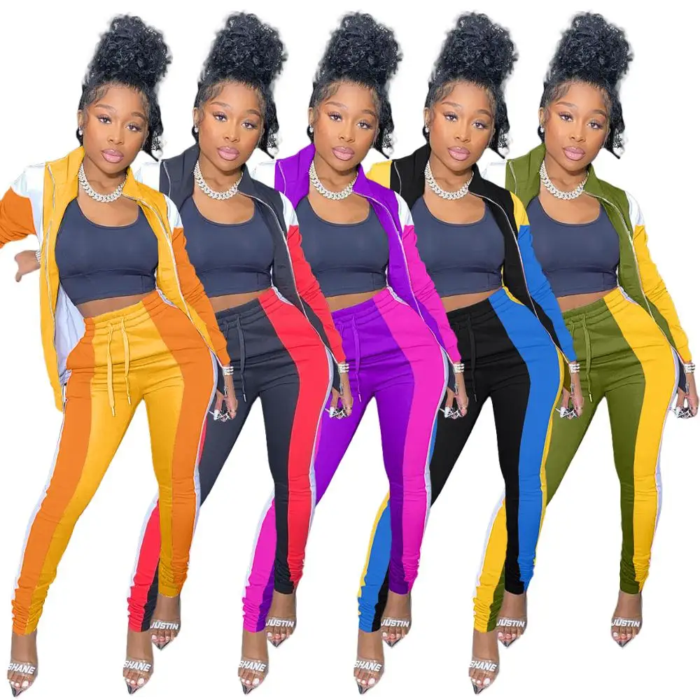 

Two-piece track suit women's holiday clothing autumn and winter jacket + pants sportswear neon light 2-piece matching suit