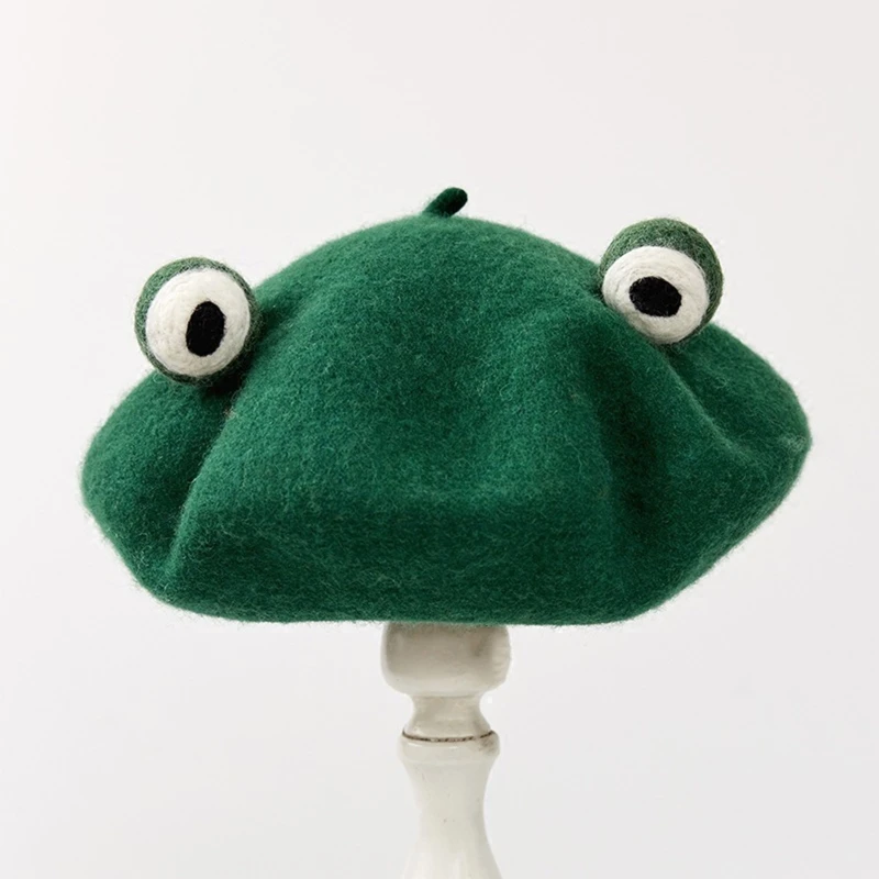 

Japanese Women Cute Green Frog Eyes Beret Cap Winter Warm Faux Wool Kawaii Vintage Artist Painter Cosplay Beanie Hat