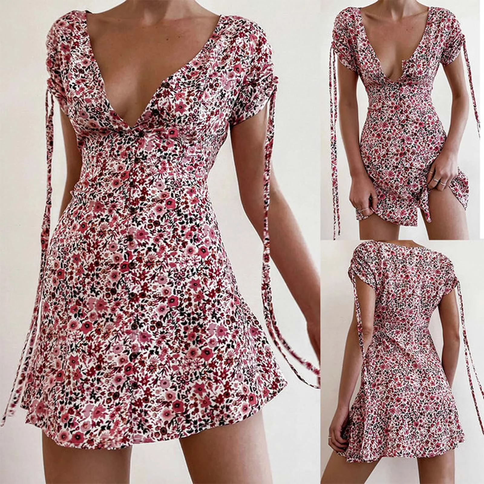 

Sexy Women's Summer Dress V Neck A-line Dress Chiffon Mini Party Dress Bandage Short Sleeve Printed Ruffle Elegant Clothes#0219