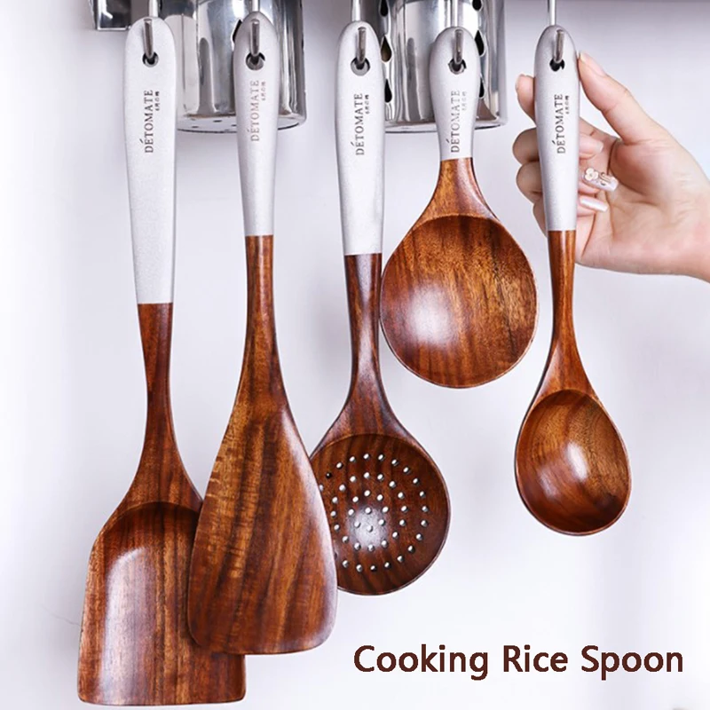 

1PC Solid Wood Tableware Spoon Ladle Turner Long Rice Colander Soup Skimmer Cooking Spoons Scoop Kitchen Tableware