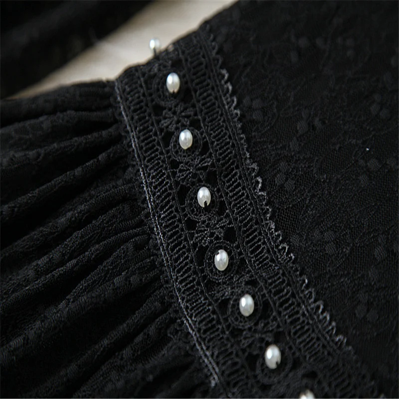 

European and American women's clothing new 2021 spring Long sleeve stand collar nail bead Fashionable black lace dress
