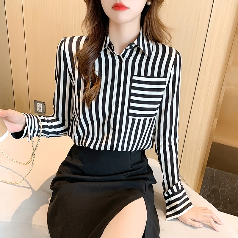 

Summer New Women's Blouses Polo Shirt Long Sleeve Tops Striped Blouse Girl Chiffon Casual Fashion Lady Loose
