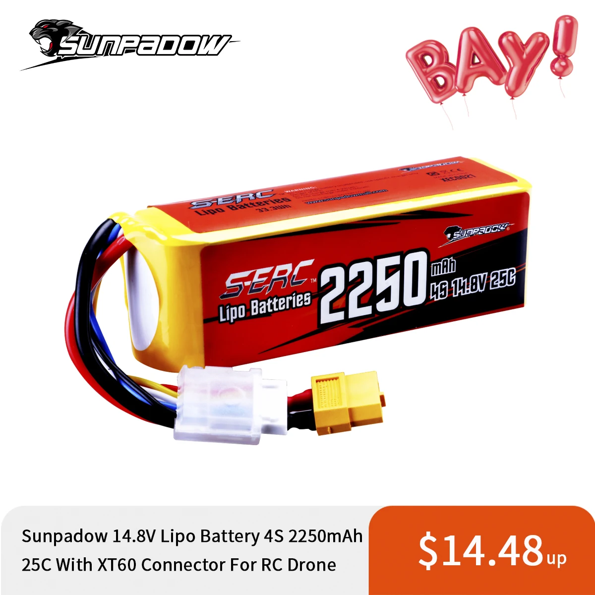 Sunpadow 4S 14 8 V Lipo Батарея 2250 мА/ч 25C с XT60 разъем для радиоуправляемого квадрокоптера