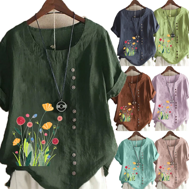 

Summer Leisure Fashion Women's Round Neck Short Sleeve T-shirt Casual Graphic Shirt Loose Flower Printed Blouse Tops Plus Size