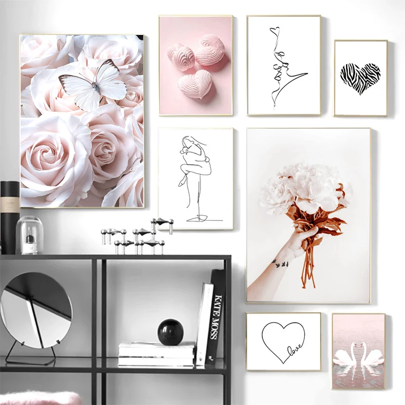 Скандинавский ветер розовый цветок линия любовь Белый лебедь украшение живопись