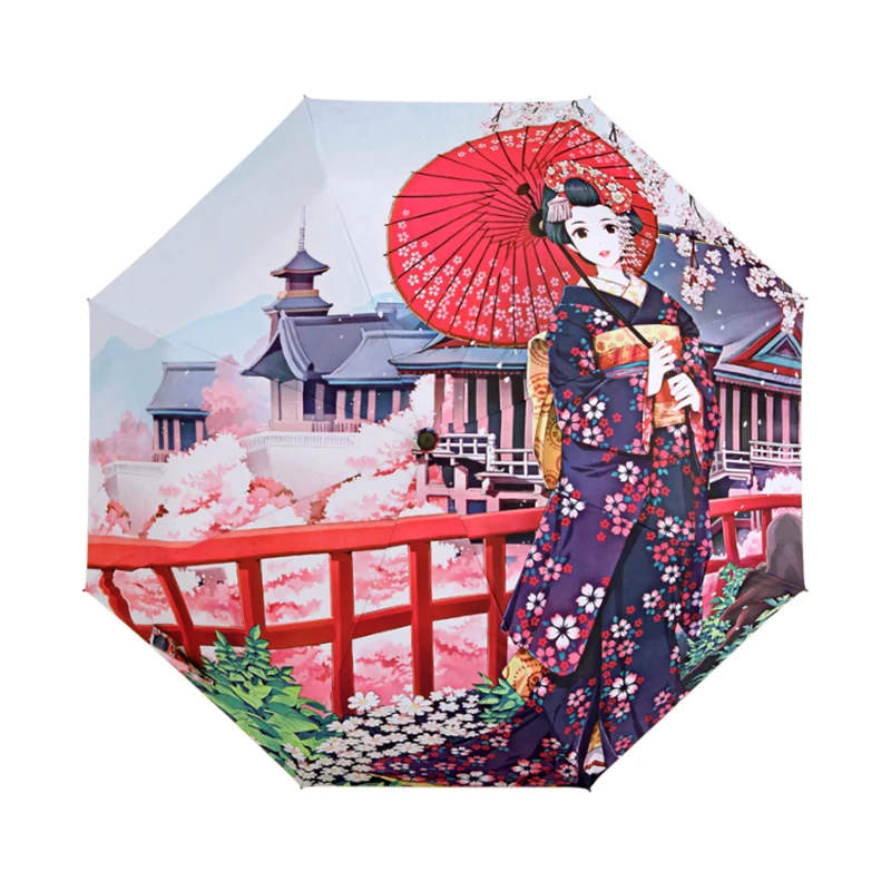 

Creative Illustration Japanese Sakura Girl Rain / Sun Umbrella 3 Folding Thickening Sunshade Anti UV Women Art Umbrellas