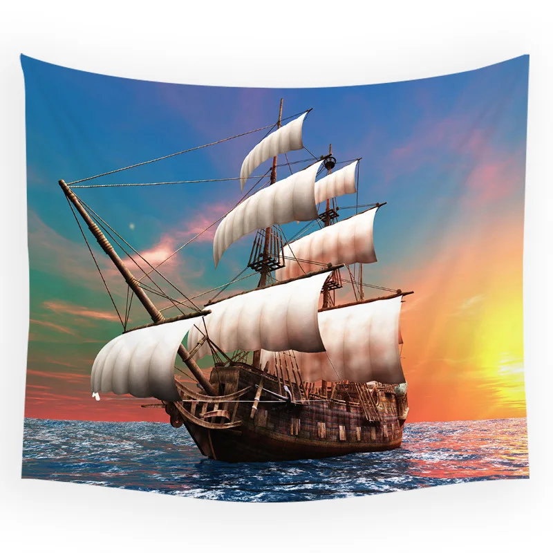 Морской Пляжный Пейзаж океанская волна кокосовое дерево закат парусный гобелен