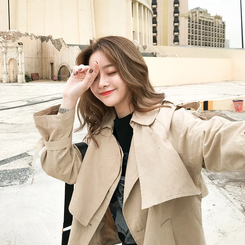 

Plus size casual khaki women's trench coat British style fashion double breasted short windbreaker Autumn long sleeve Jackt